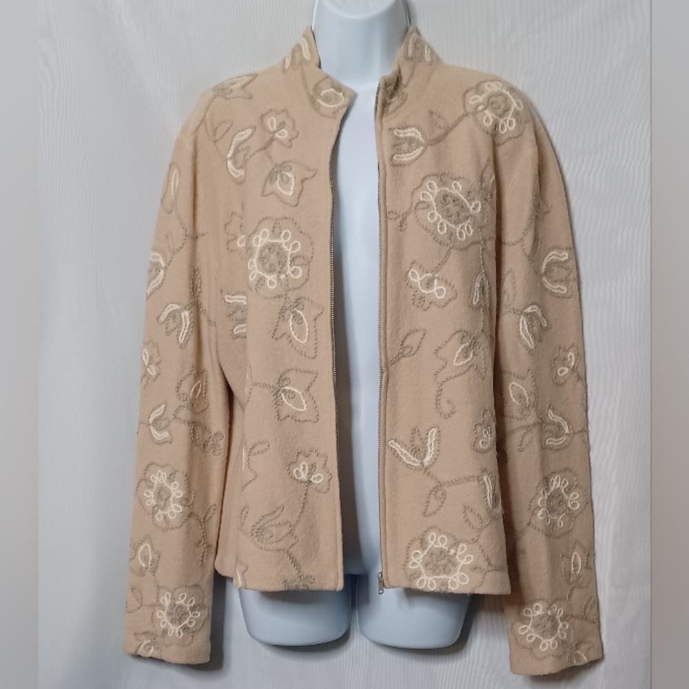 JONES NEW YORK Cream Floral Merino Wool Zipper Front Swearter. L - Picture 2 of 13